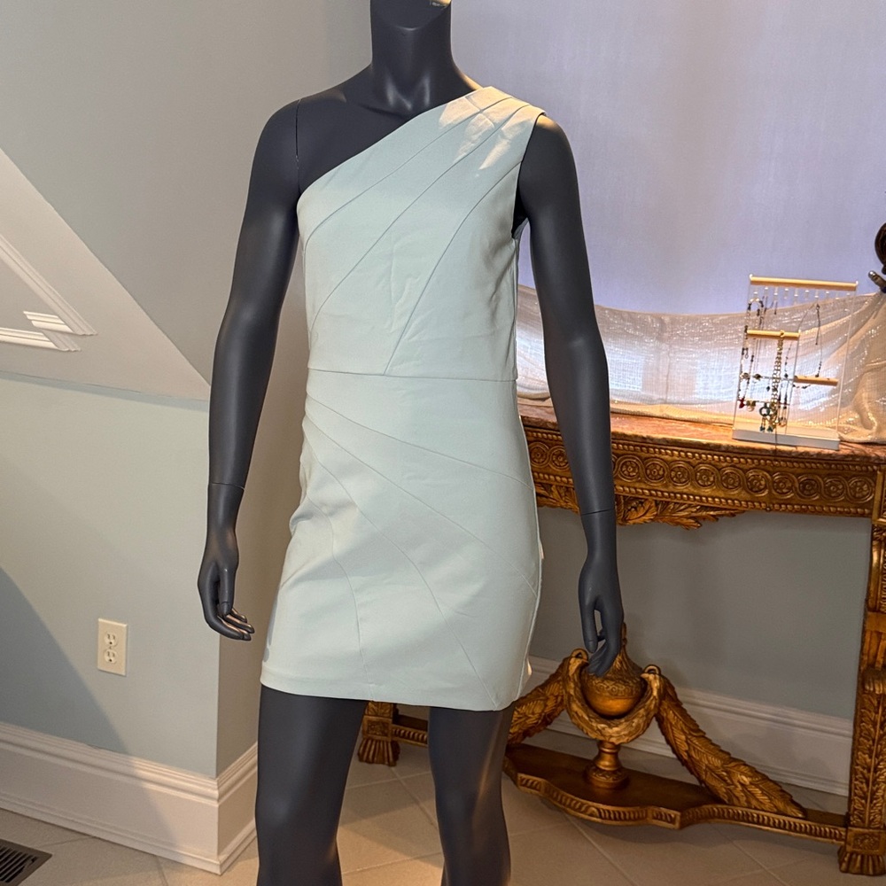 Michael Costello Light Green Asymmetrical One Shoulder Slip Dress